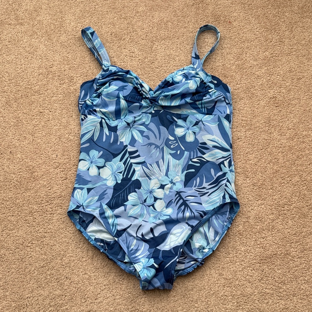 Lands' End Blue Floral Wireless Sweetheart Neck One Piece Swimsuit Size 16
